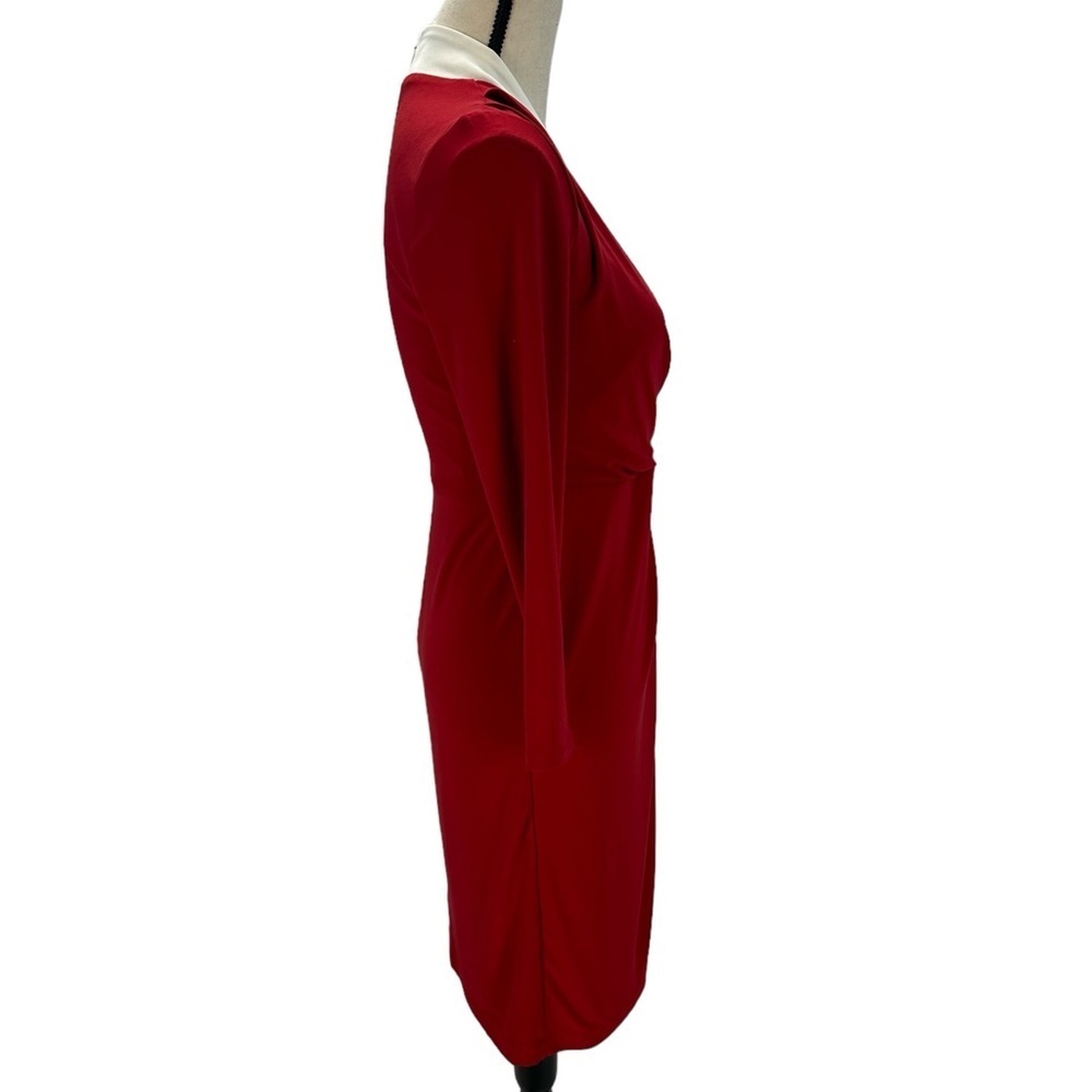 Kasper Long Sleeve V-Neck Faux Wrap Midi Dress - Red Cream - Picture 3 of 13